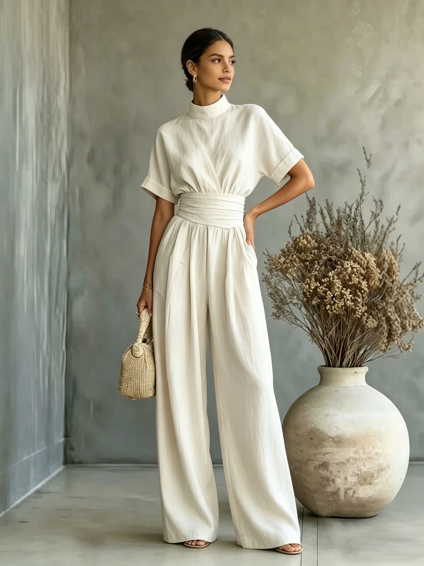 Women's Half-Turtleneck Short-Sleeve Wide-Leg Jumpsuit Solid Casual Loose Long Pants