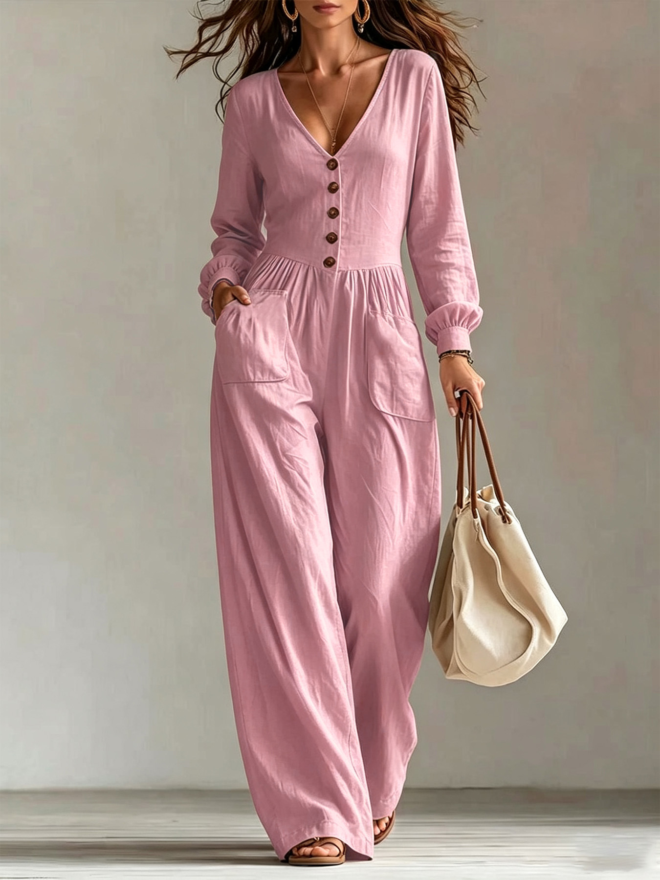 Women's V-Neck Long Sleeve Wide Leg Jumpsuit with Pockets