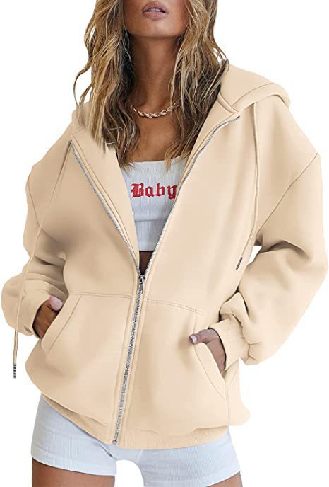 Women's Minimalist Solid Print Zip-Up Hoodie