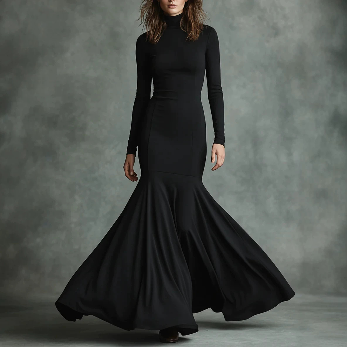 High-Neck Mermaid Maxi Dress with Long Sleeves
