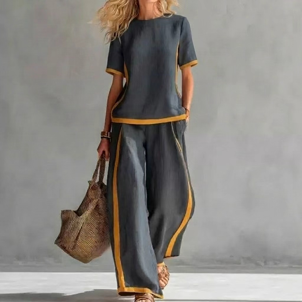 Women's Color-Block Short Sleeve Tee & Wide-Leg Pants Two-Piece Set