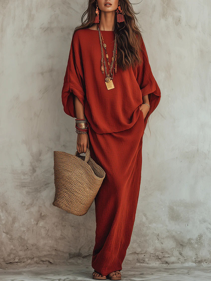 Women's Solid Color Long Skirt Two-Piece Set Casual Loose Fit