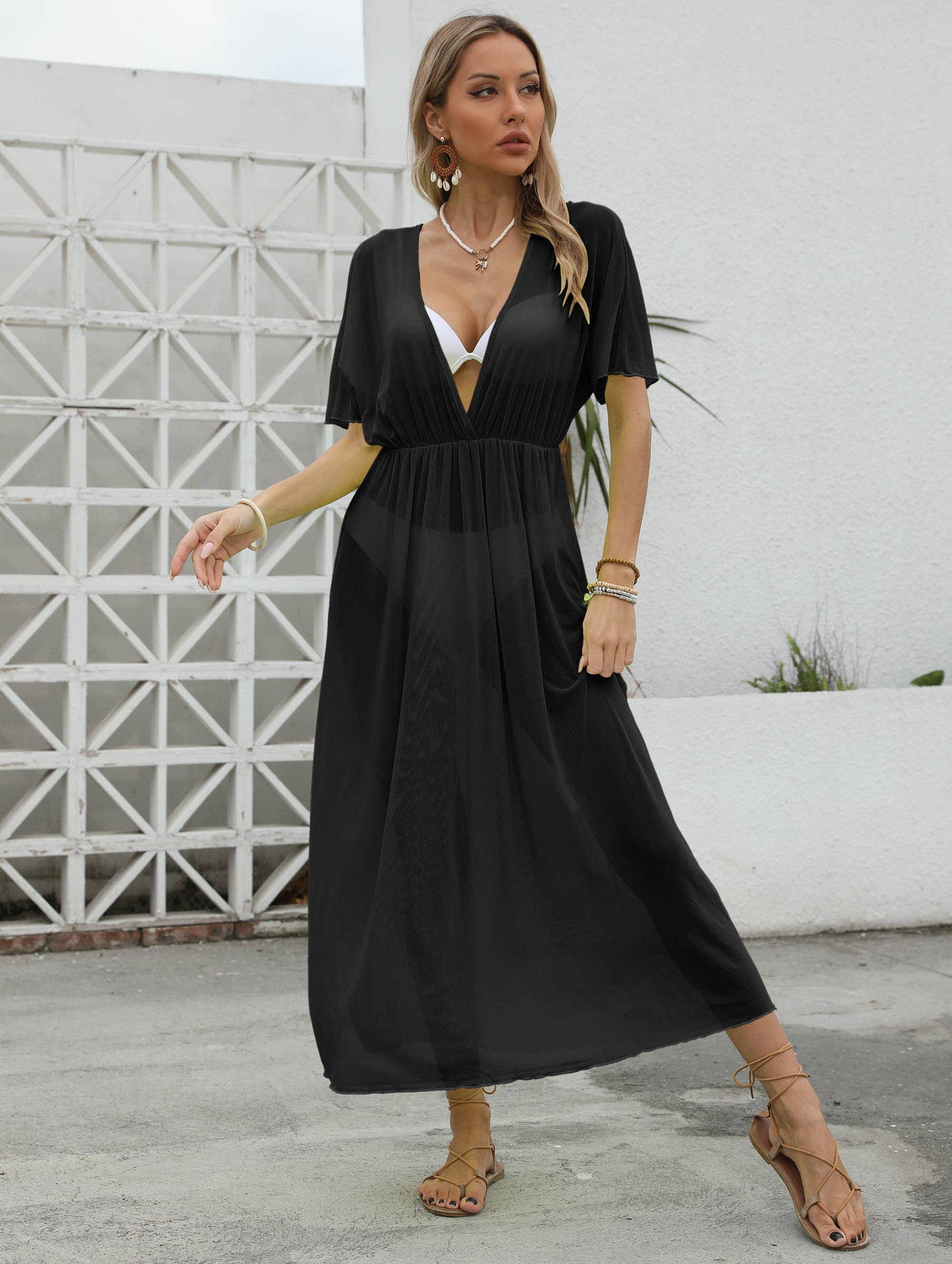 Women's Sheer Mesh V-Neck High Slit Beach Cover-Up Dress