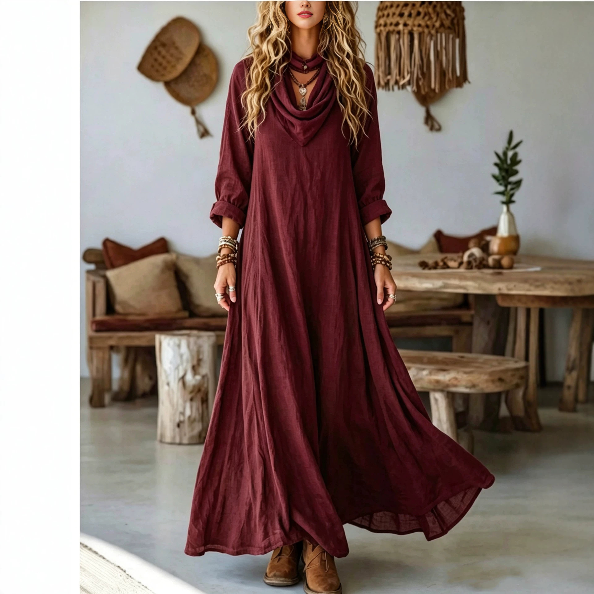 Women's Elegant Bohemian Textured Solid Color Long Sleeve Cowl Neck Wide Hem Maxi Dress