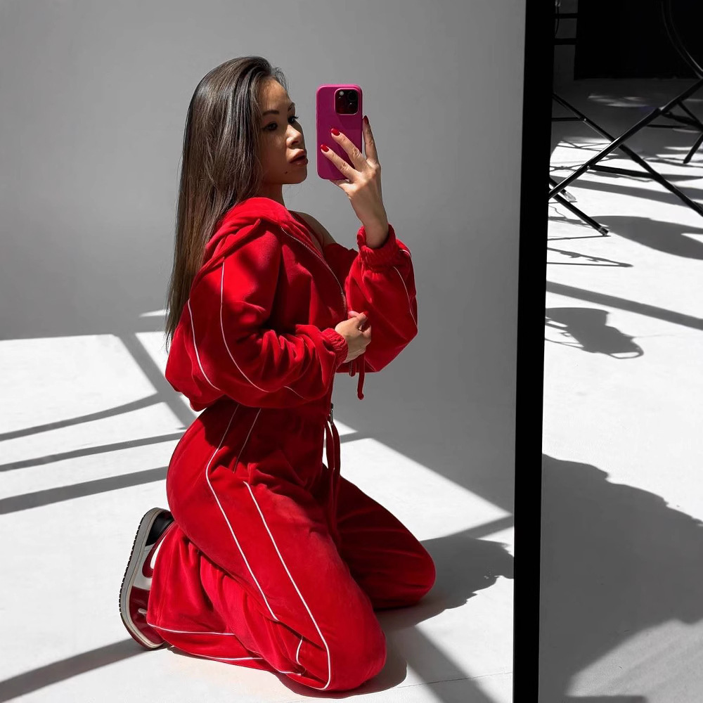 Velvet Hooded Cardigan & Wide-Leg Pants Two-Piece Set with Stripes