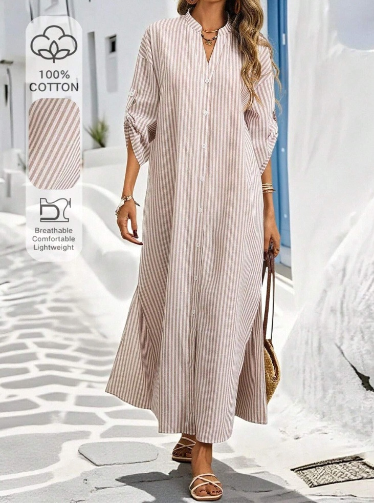 Striped Button-Front Midi Shirt Dress