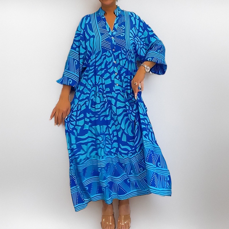 Floral Print Long Dress – Loose A-Line V-Neck Vacation Dress