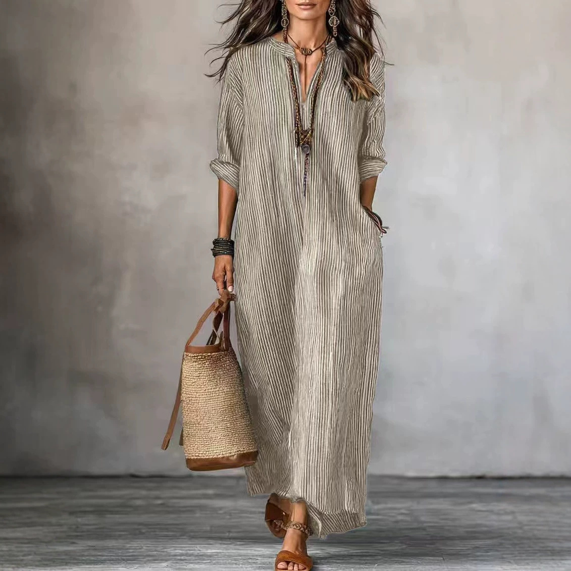 Women's V-Neck Striped Long Dress Loose Casual Summer Vacation