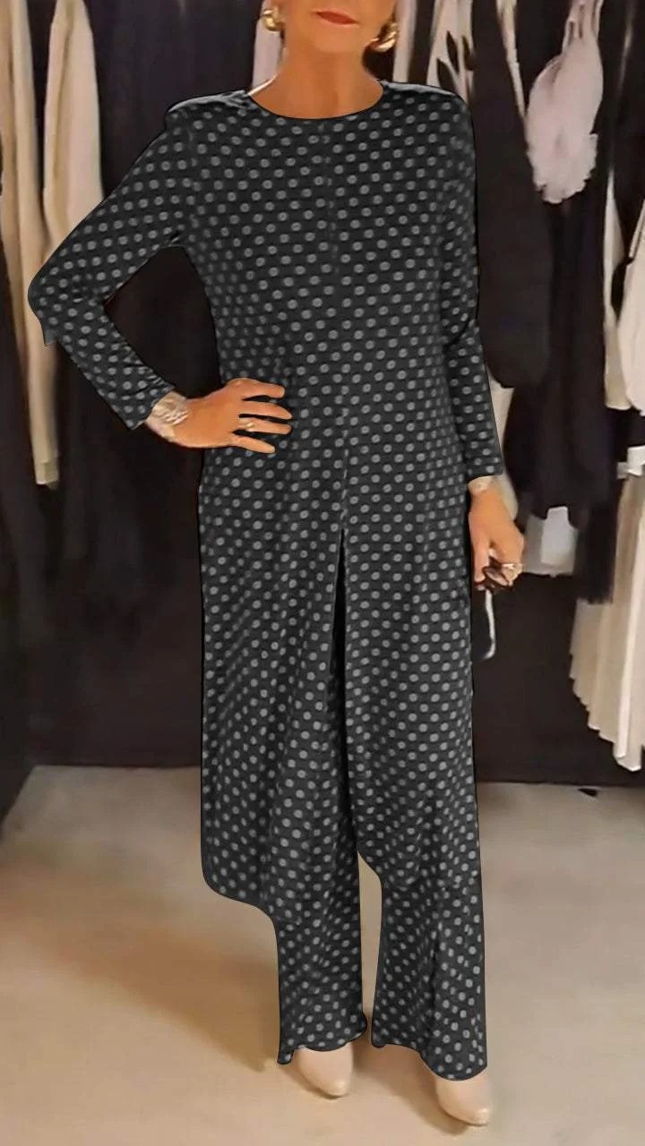 Polka Dot Round Neck Slim Fit Slit Long Top & Pants Set