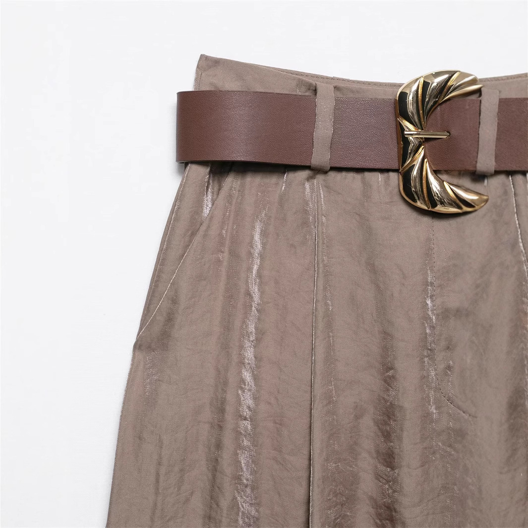 Satin-Feel Wide-Leg Pants with Belt