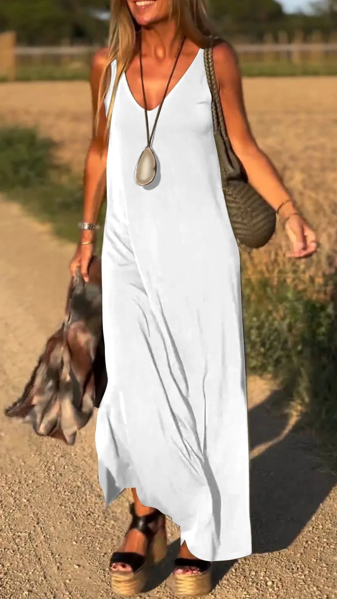 V-Neck Sleeveless Knit Maxi Dress Casual Slim Fit