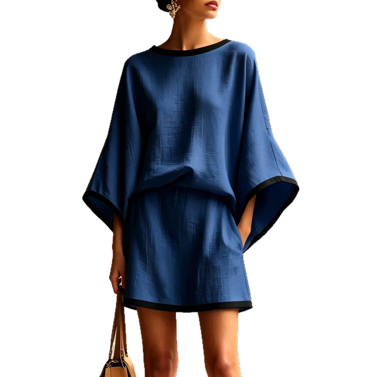 Women's Cotton-Linen Batwing Sleeve Top and Skirt Two-Piece Set