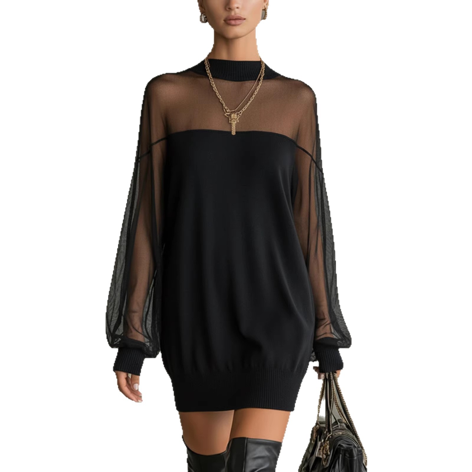 Women's Mesh Panel Mini Dress Long Sleeve Crew Neck Black
