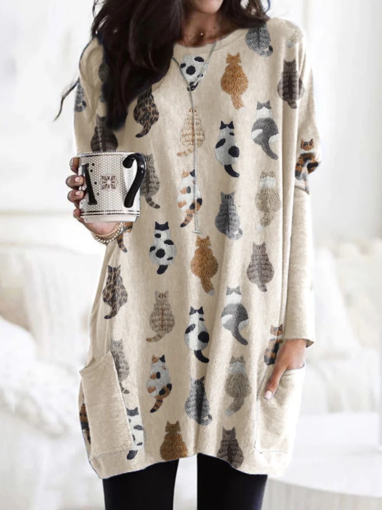 Women's Animal Print A-Line Midi Dress Long Sleeve Crew Neck Casual
