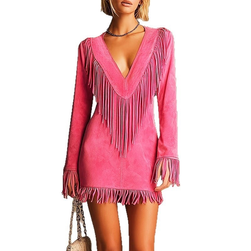 Western Faux Suede Fringe V-Neck Bodycon Long Sleeve Dress