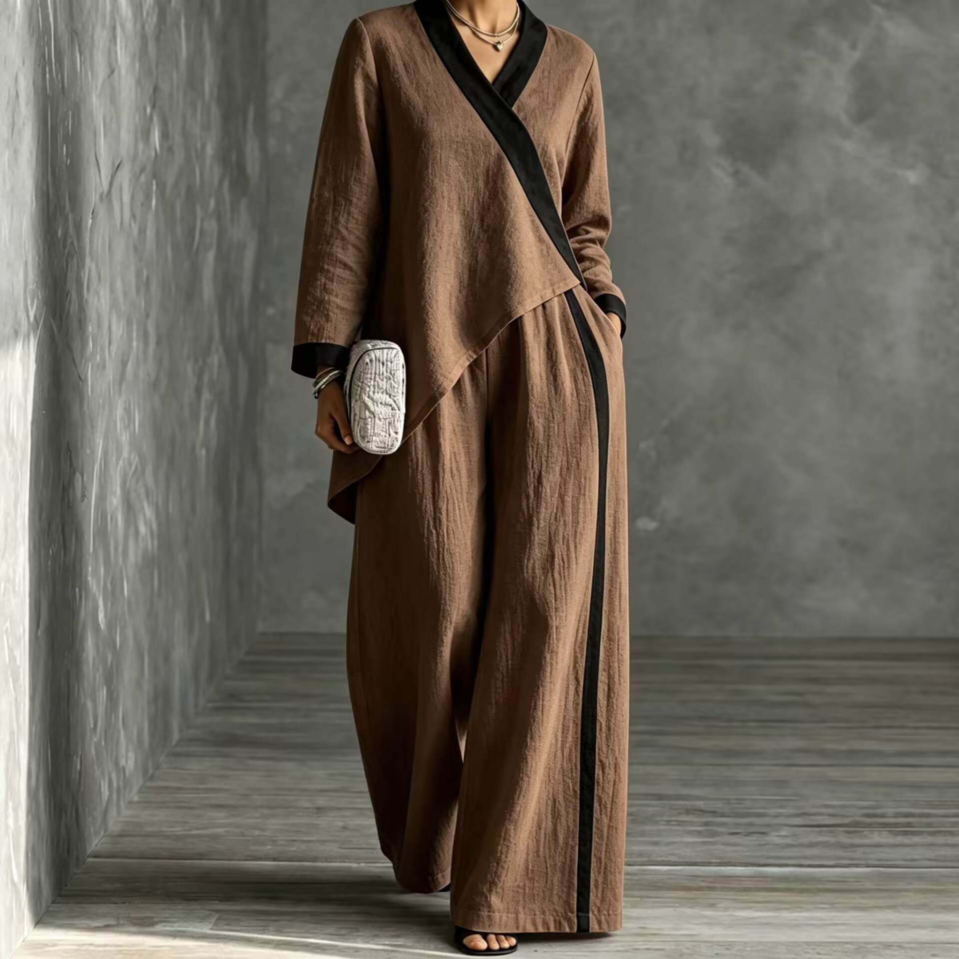 2026 Fall Cross-Border European and American Women's Fashion Color-Block V-Neck Asymmetrical Top Wide-Leg Pants Loose Casual Set