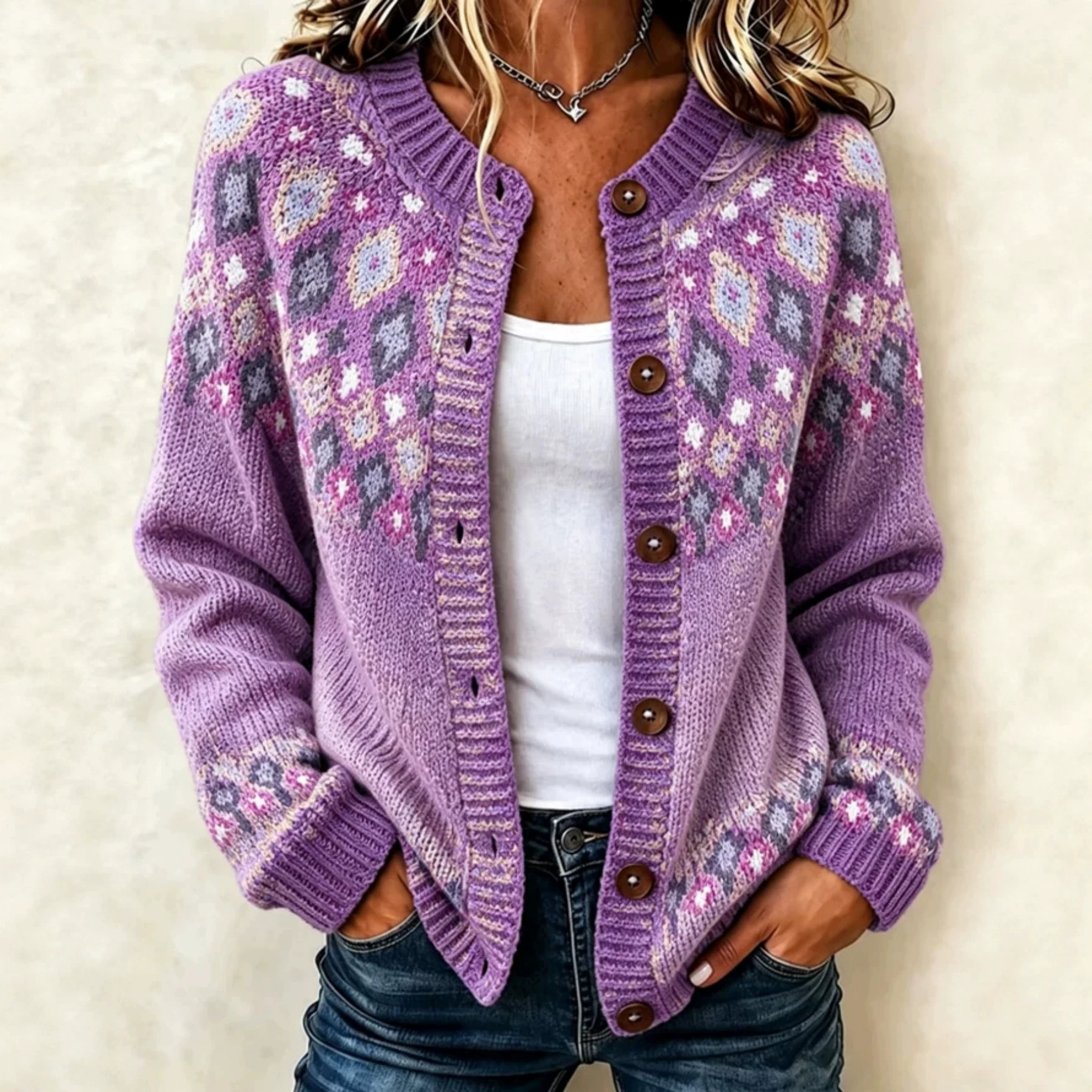 Women's Floral Print Long Cardigan Casual Trendy Knit-Look Sweater