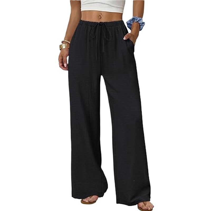 Women's Solid Color Elastic Waist Wide-Leg Beach Pants with Pockets