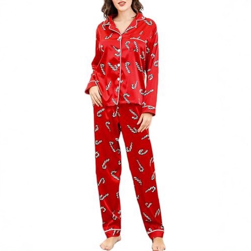 Women's Cuban Collar Christmas Print Long Sleeve Shirt Set