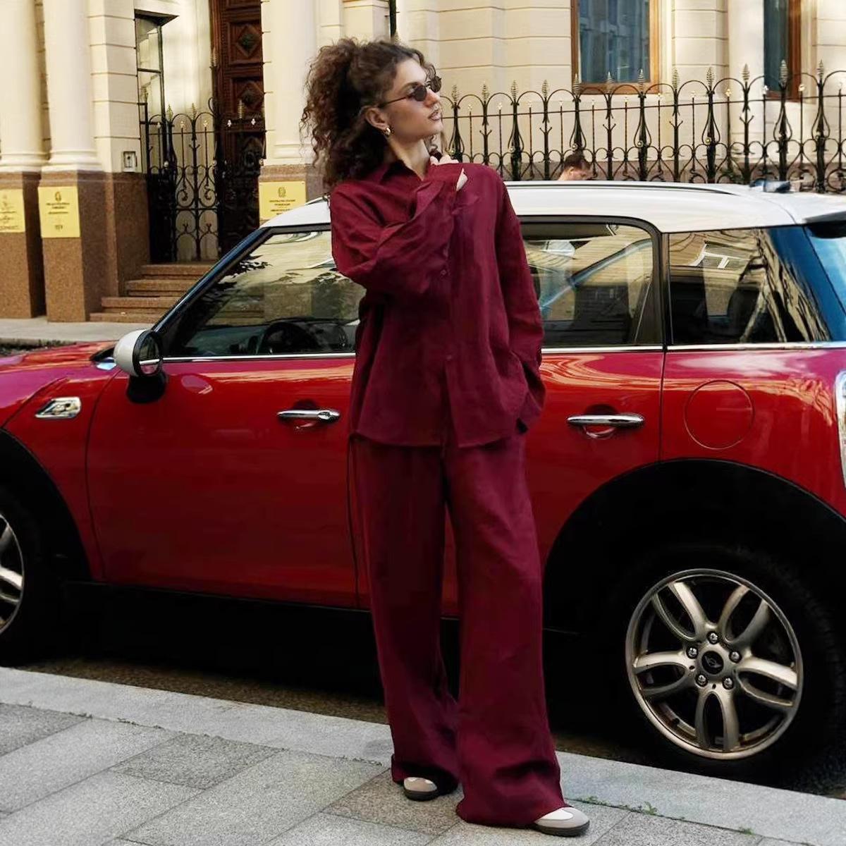 Women's Solid Color Long Sleeve Shirt and Pants Set Casual Loose Fit