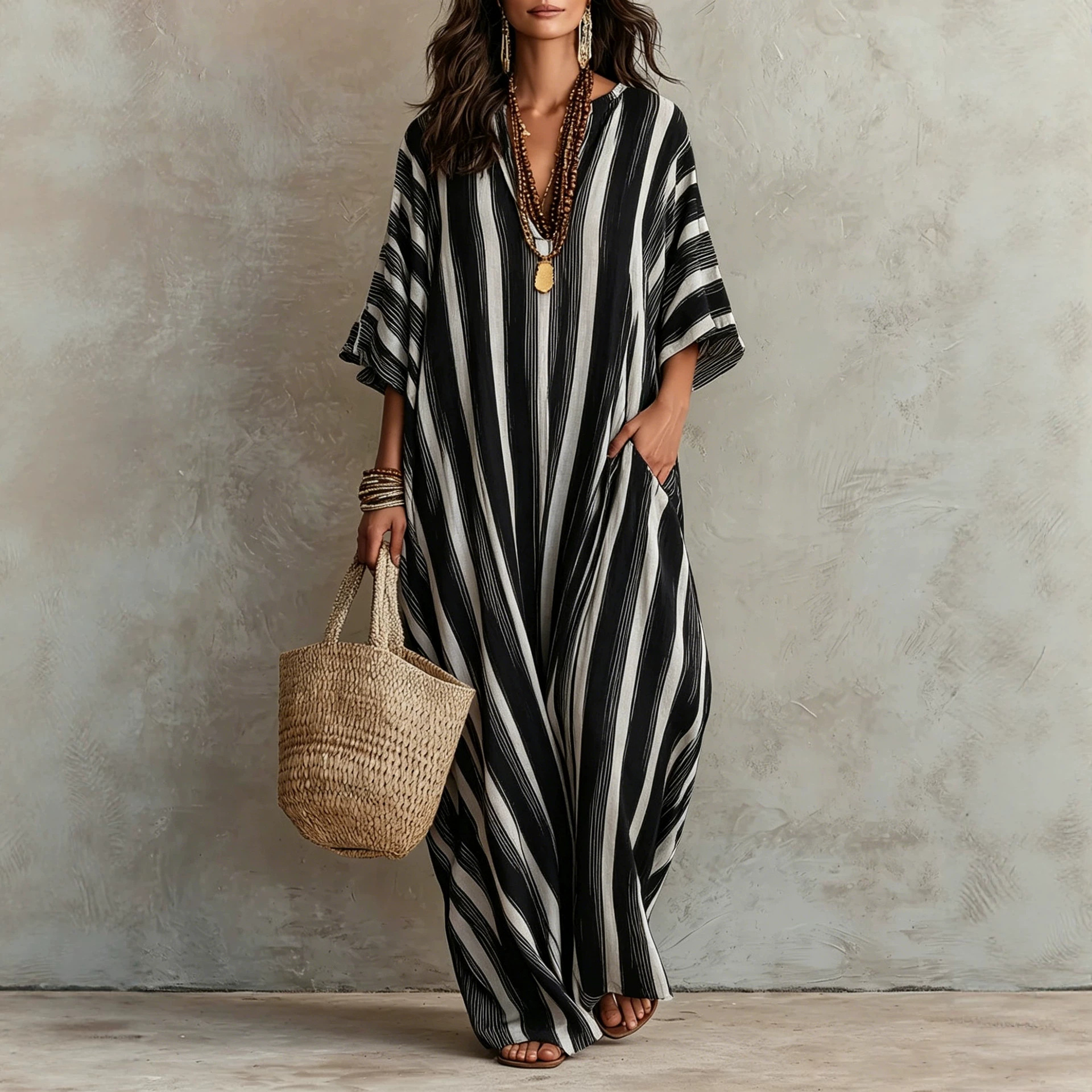 Striped Print A-Line Maxi Dress with Pockets