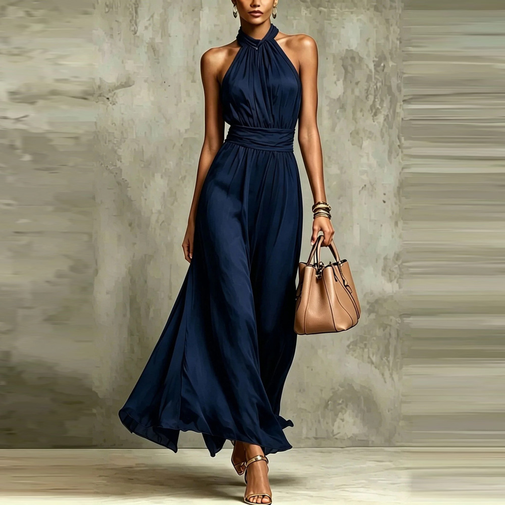Women's Sleeveless Halter Neck Ruched Waist A-Line Long Dress