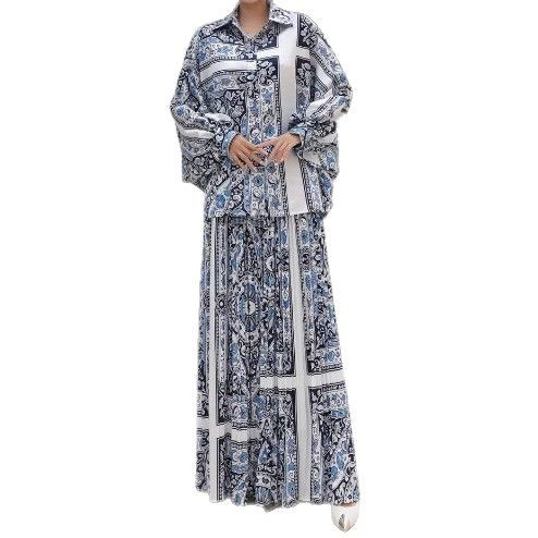 Women's Long Sleeve Printed Shirt & Wide-Leg Pants Set with Pleated Design
