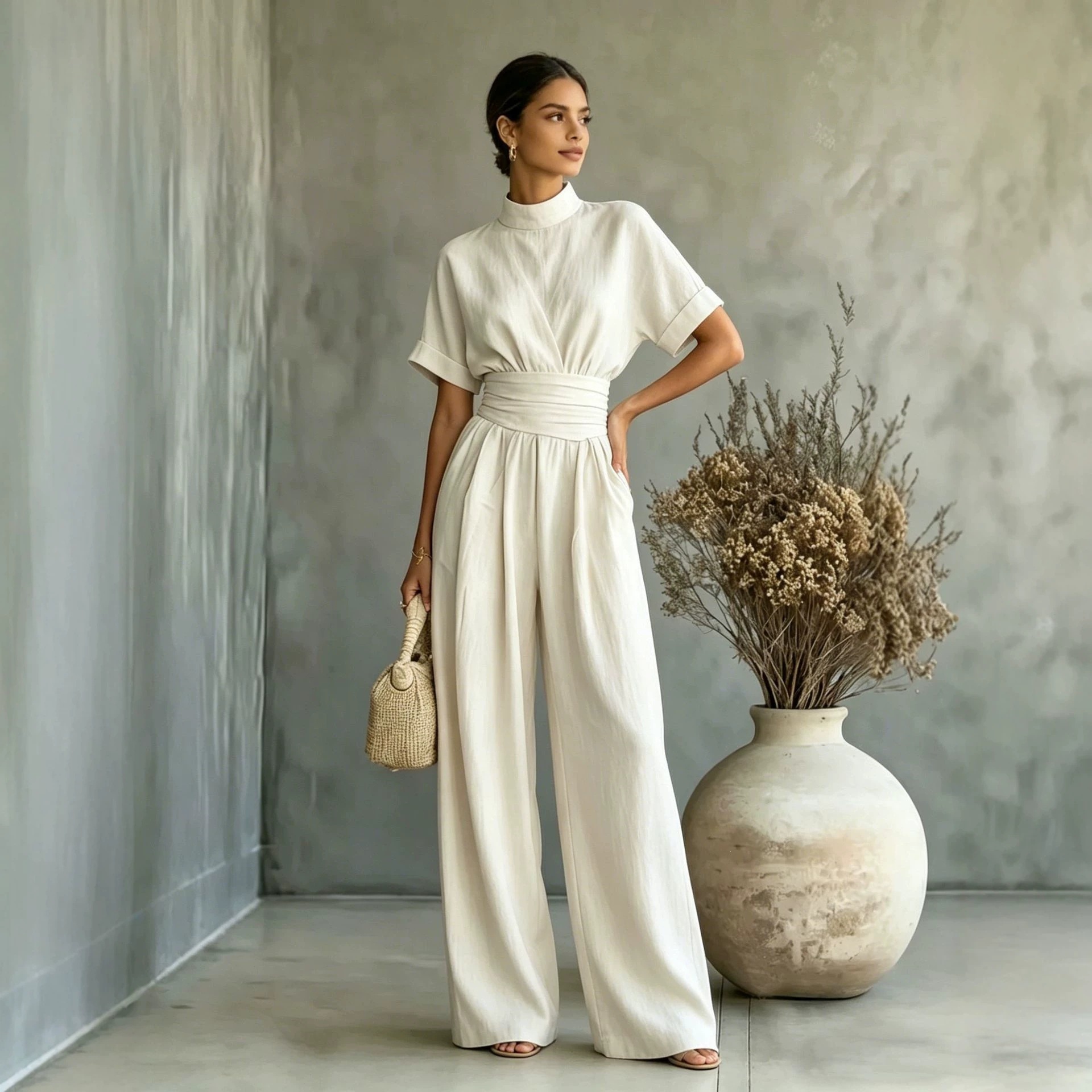 Women's Half-Turtleneck Short-Sleeve Wide-Leg Jumpsuit Solid Casual Loose Long Pants