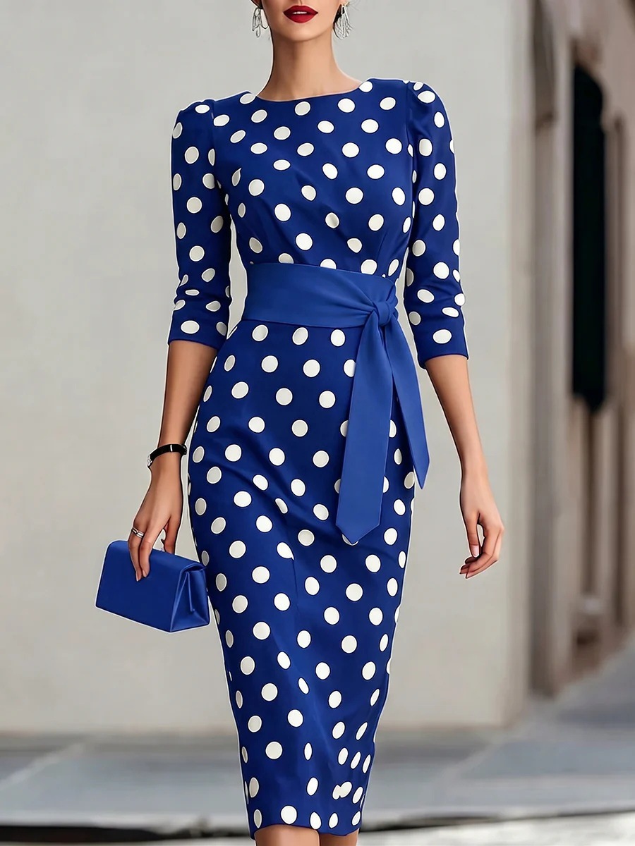 Color-Block Polka Dot Belted Slim Fit Long Sleeve Dress