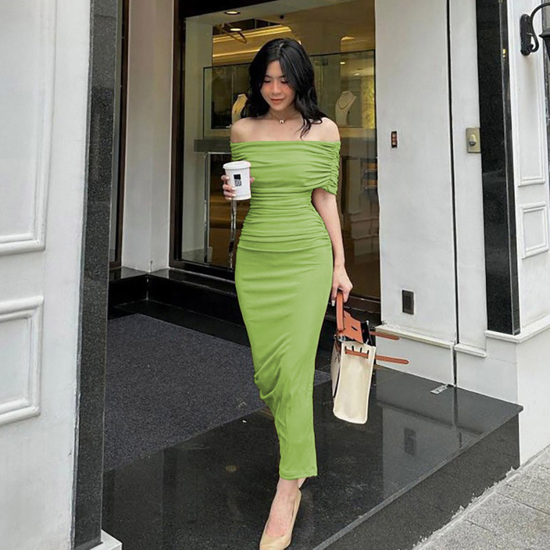 Off-Shoulder Ruched Slit Long Dress