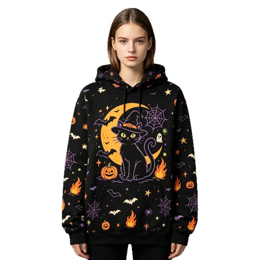 Women's Halloween Print Hoodie Cat Ghost Pullover
