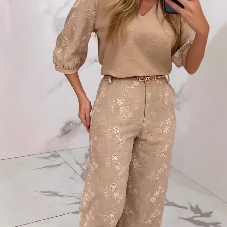 V-Neck Half-Sleeve Top and Pants Two-Piece Set