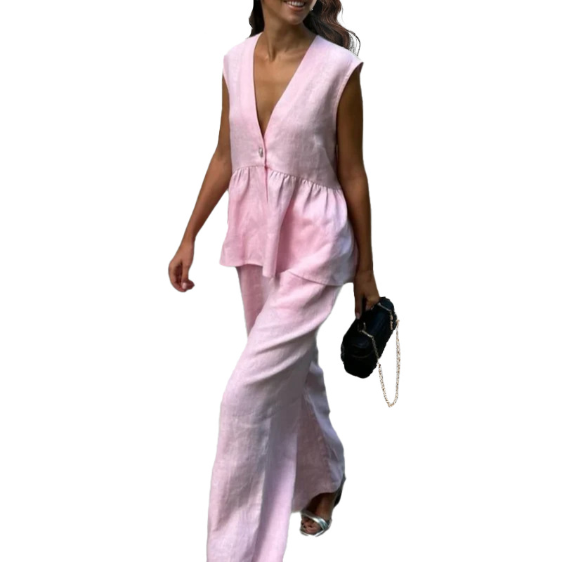 Women's Casual Sleeveless V-Neck Top & Wide-Leg Pants Set Solid Color