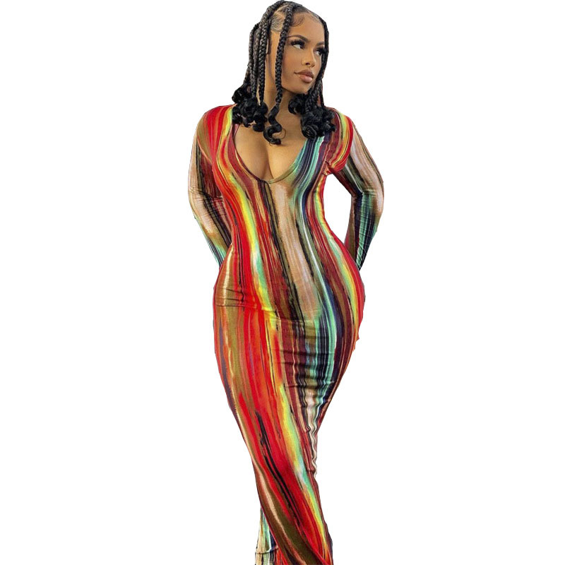 Women's Printed Long Sleeve Bodycon Dress V-Neck