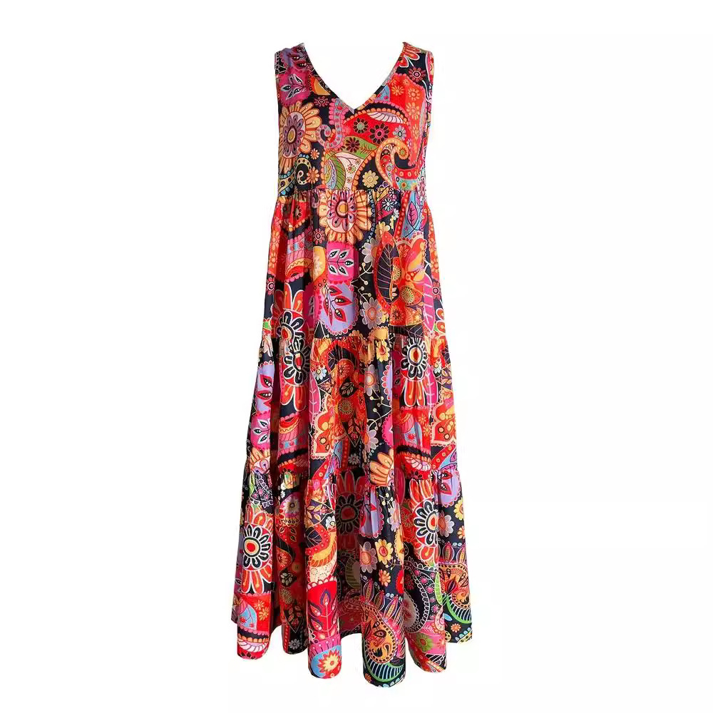 Floral Print V-Neck Sleeveless Maxi Dress