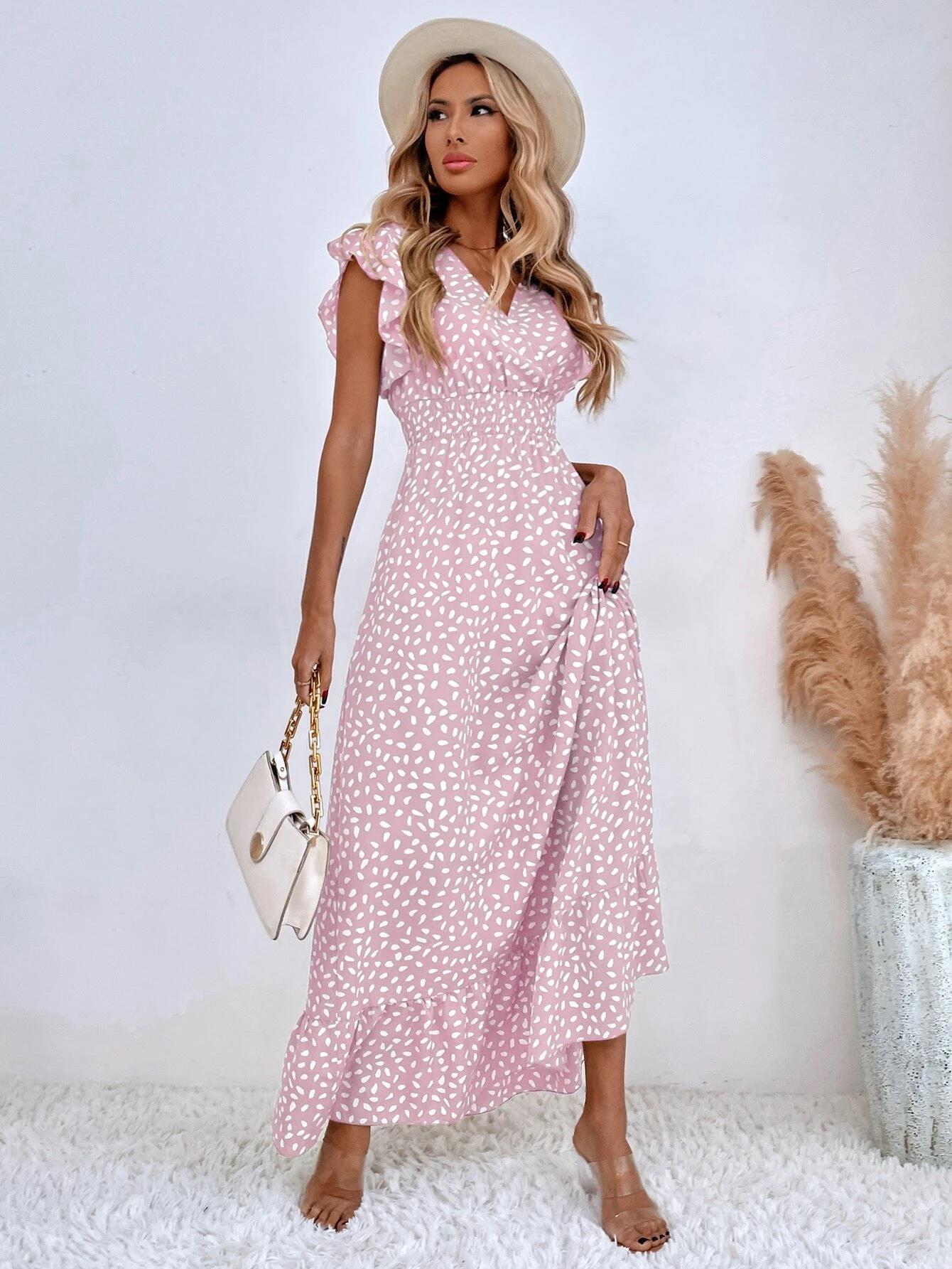 V-Neck Waist-Cinching Ruffled Midi Dress