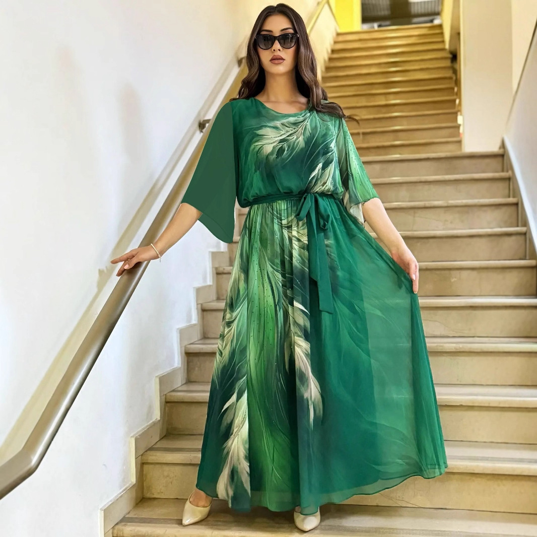 Floral Print A-Line Midi Dress with Round Neck and Half Sleeves
