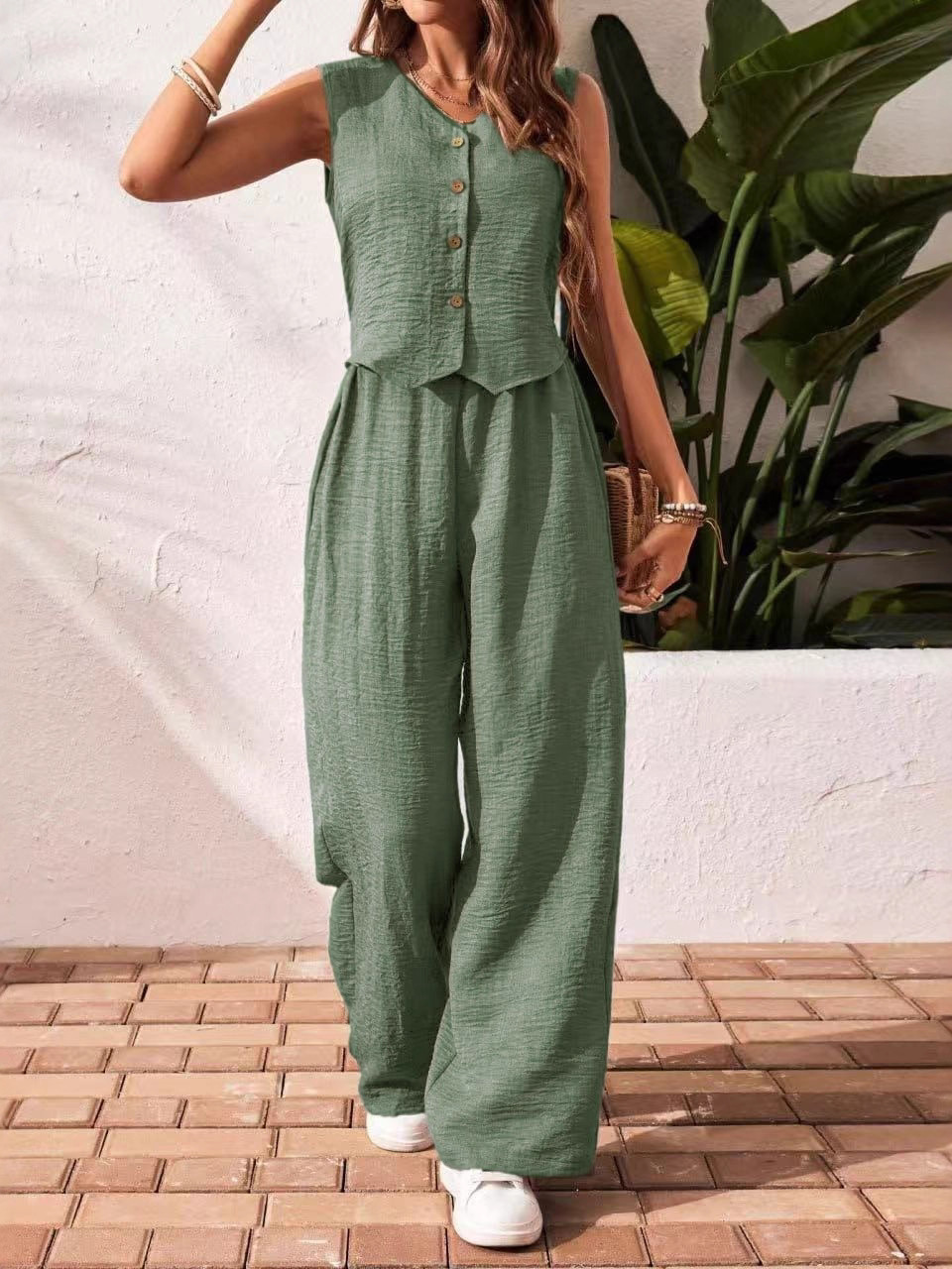 Linen-Blend Button-Front V-Neck Vest and Pants Set