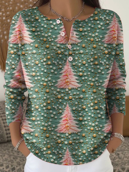 Women's Christmas Dinosaur Forest Print Button Sweatshirt