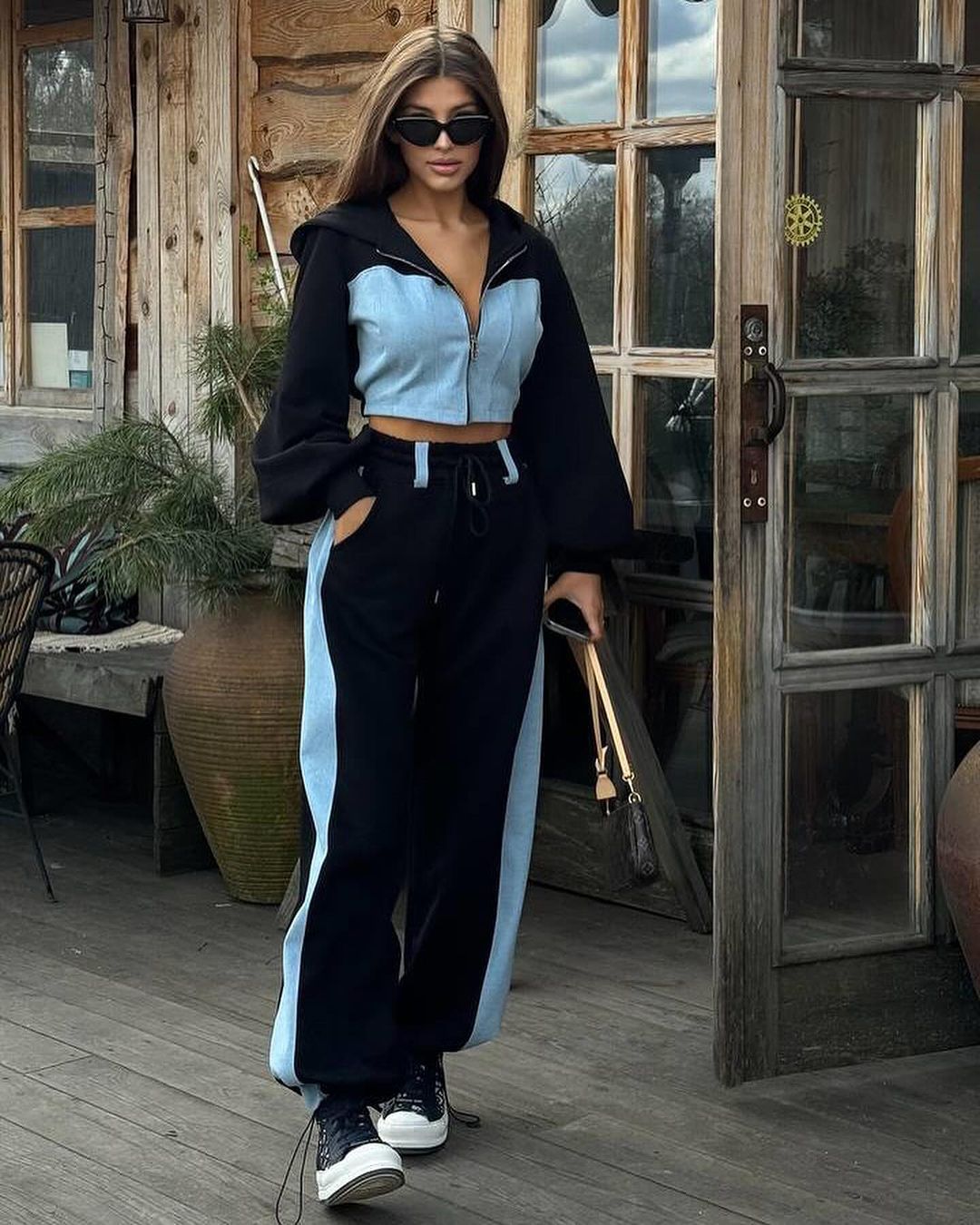 Women's Denim Patchwork Hoodie and Pants Two-Piece Set