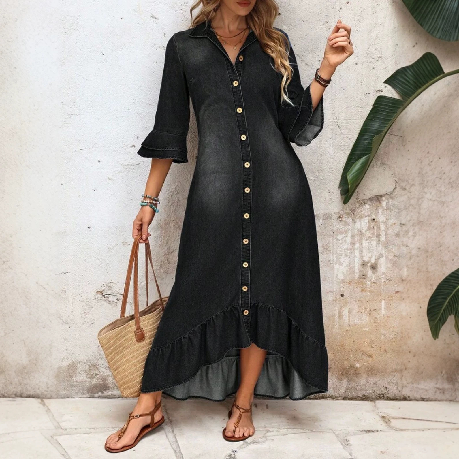 Elegant Denim Dress with Collar, Button Front, Flared Sleeves, Asymmetric Ruffle Hem