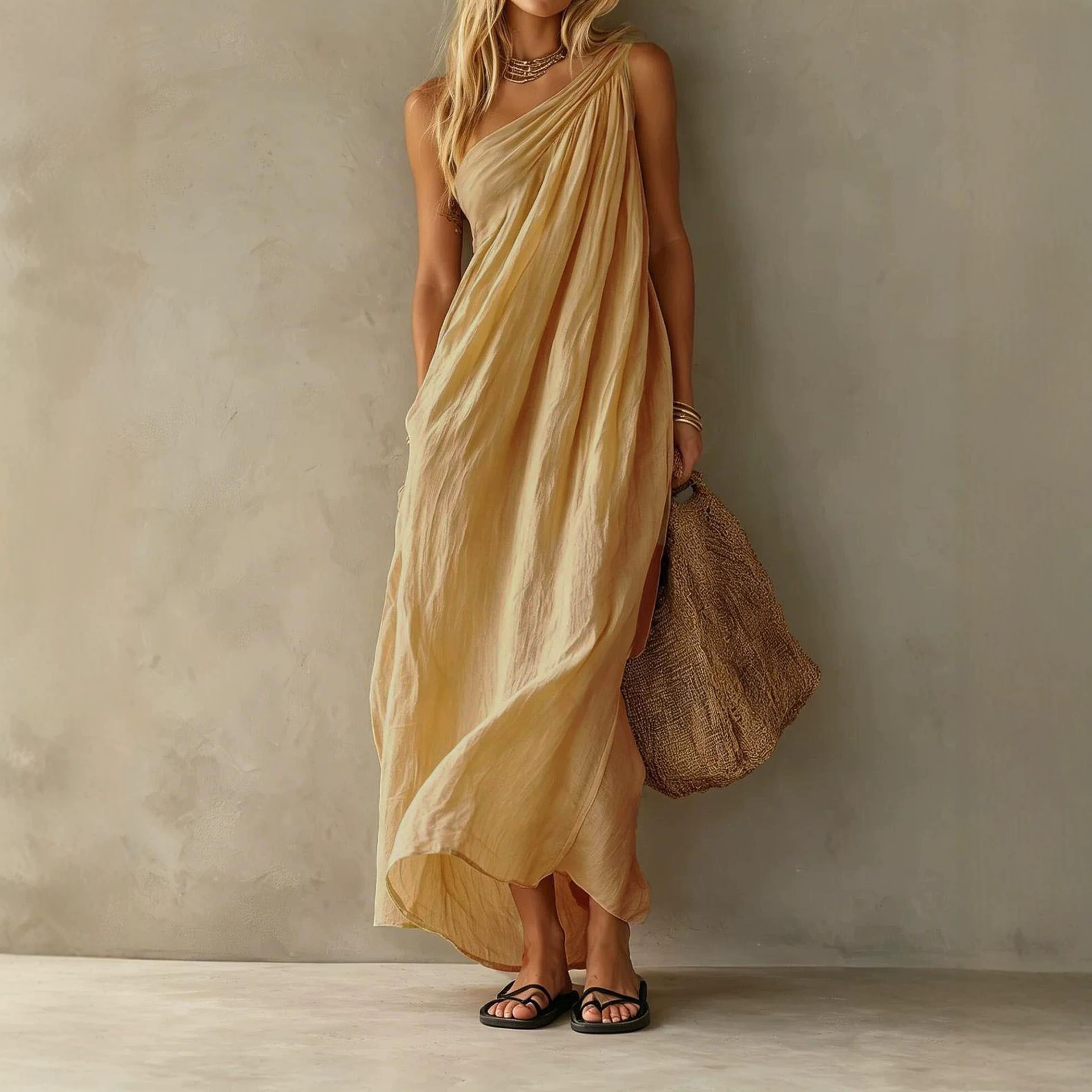Women's One-Shoulder Long Dress Solid Color Casual Elegant Vacation A-Line