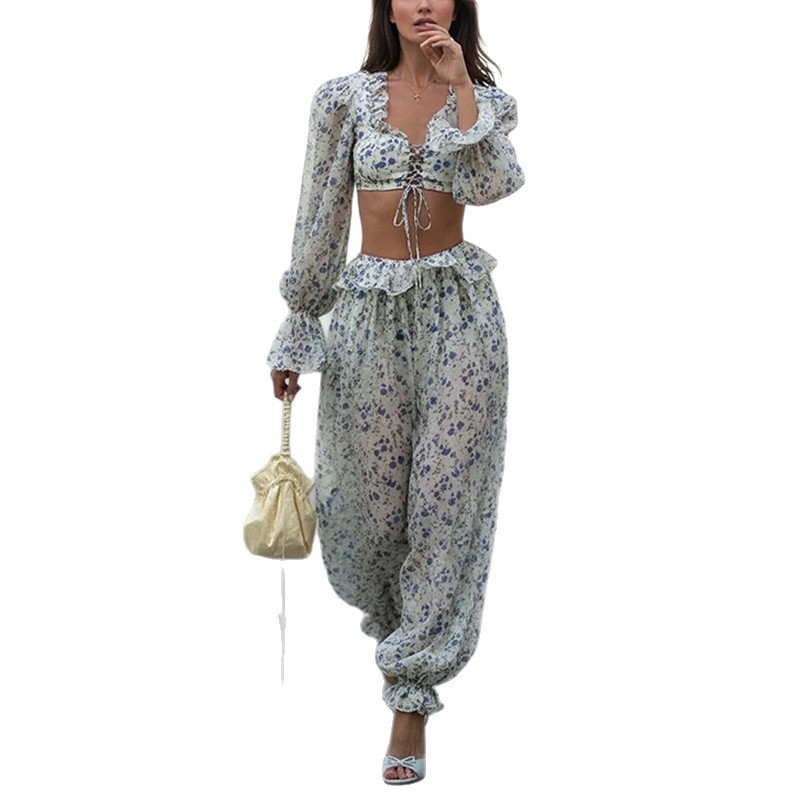 Women's Printed Sleeveless Shirt and Wide-Leg Pants Set