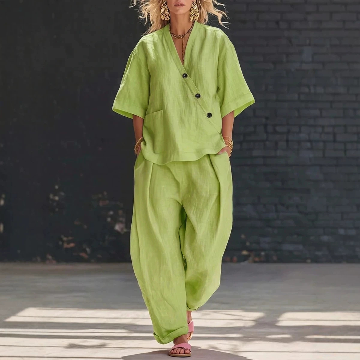 V-Neck Short Sleeve Top and High-Waist Pants Two-Piece Set