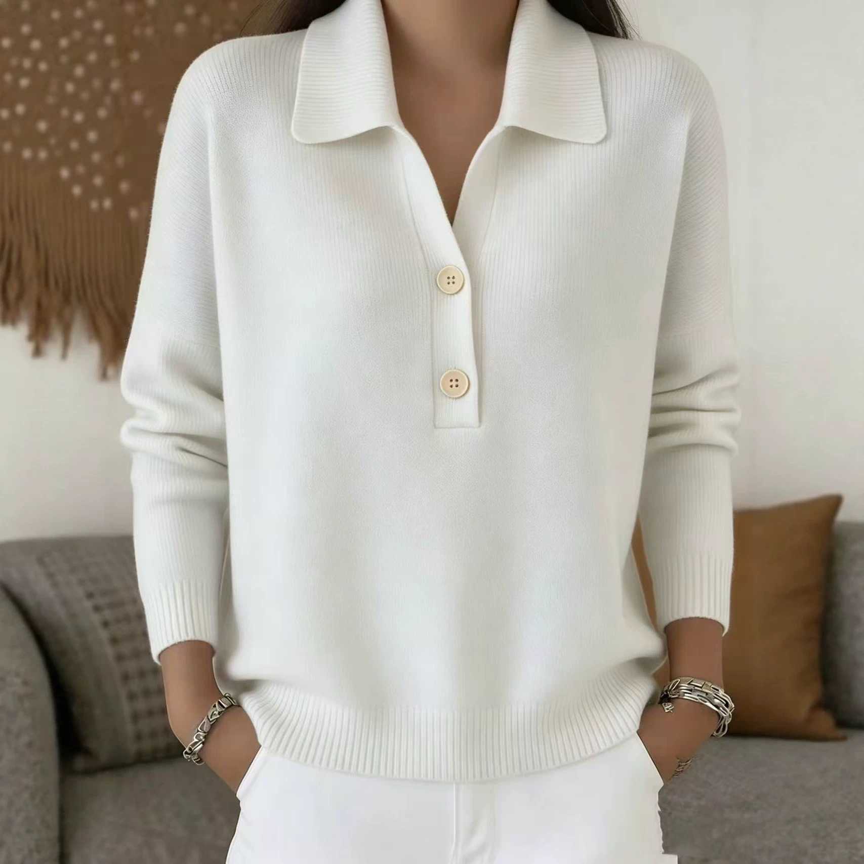 Women's Knit Sweater with Collared Half-Button Front Loose Casual Fit
