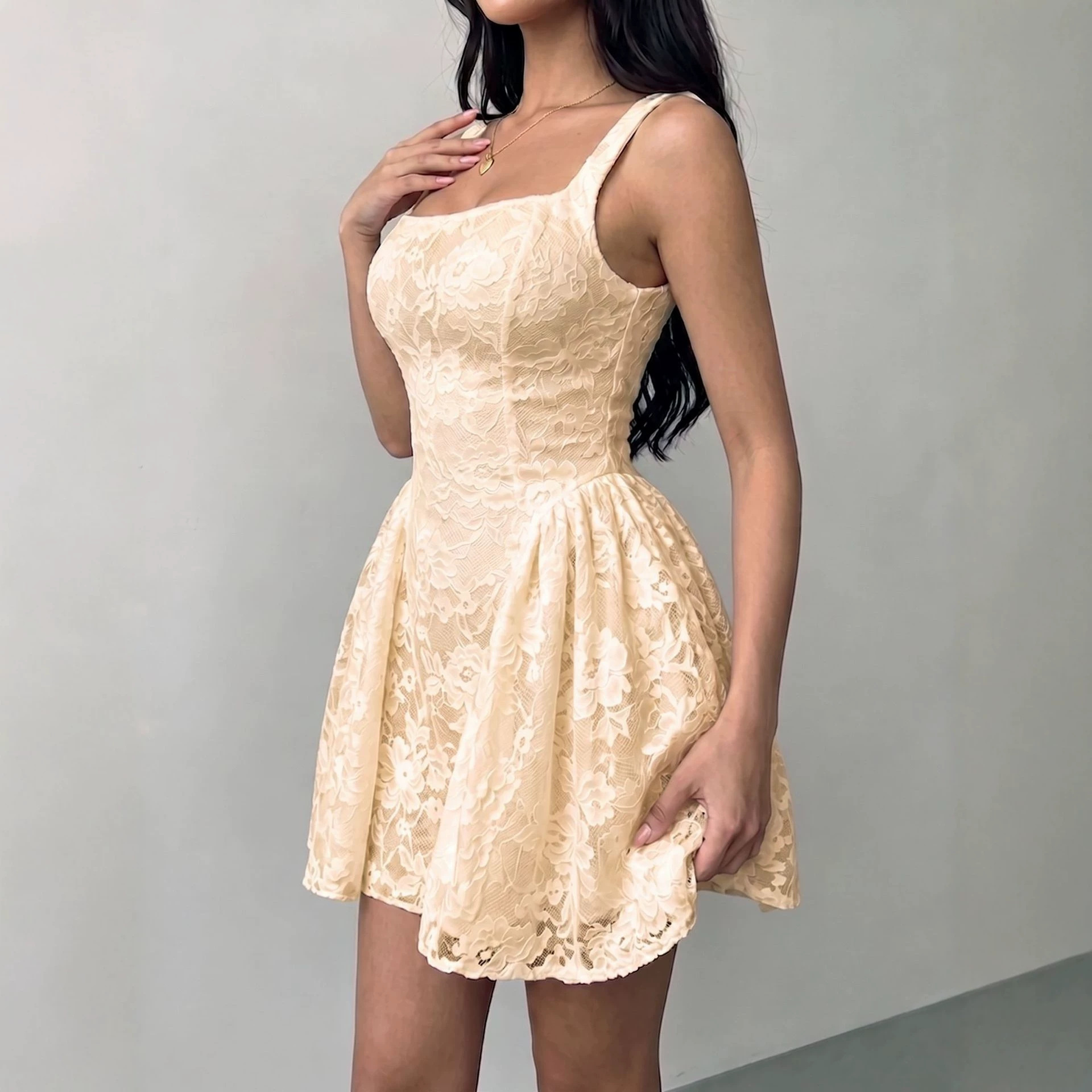 Women's White Lace Square Neck Wide Strap Waist-Cinching Bubble Hem Mini Dress