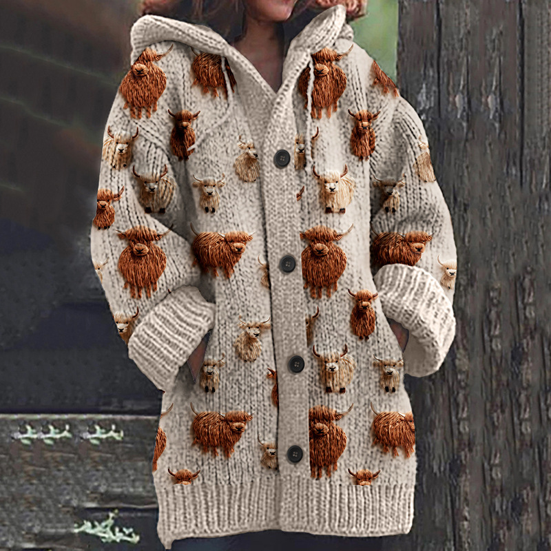Women's Vintage Animal Print Hooded Button Cardigan