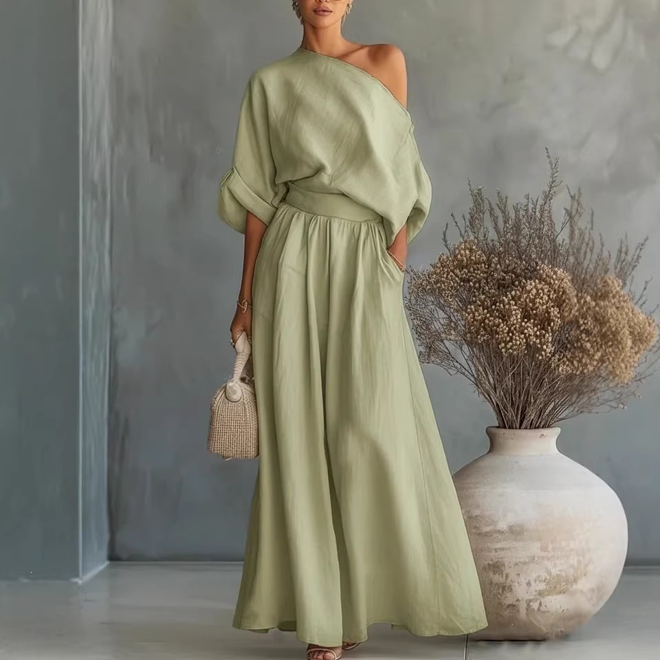 Elegant One-Shoulder Waist-Cinching Top and Skirt Two-Piece Set