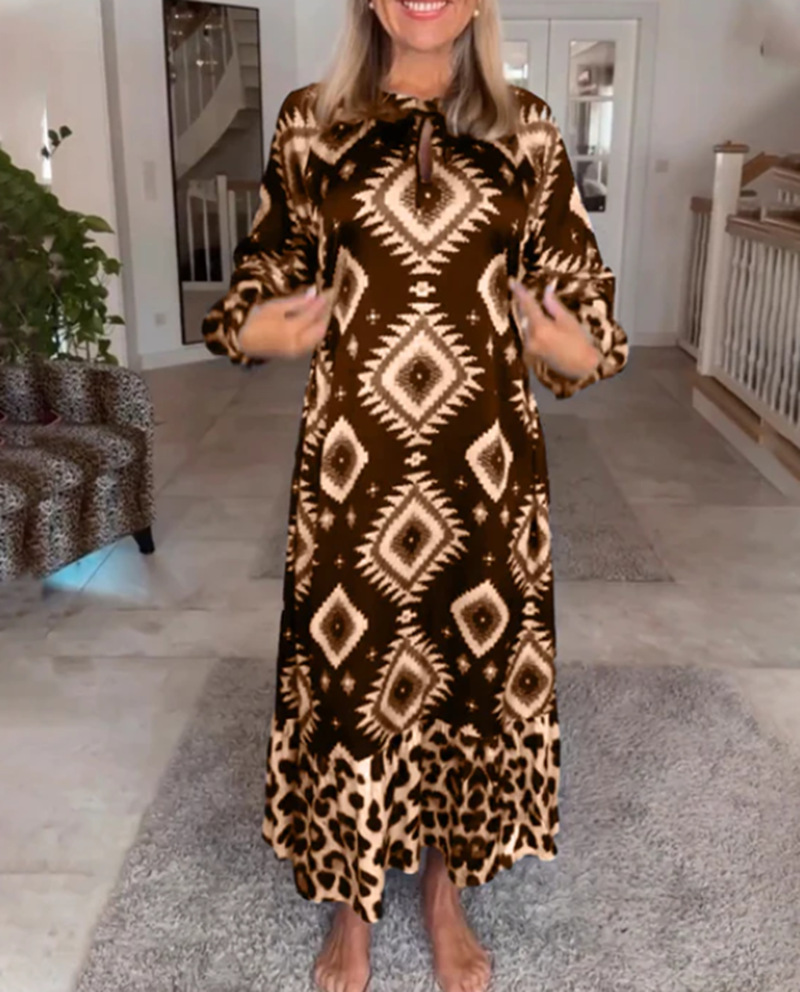 Women's Printed Long Sleeve Maxi Dress with Button Neck
