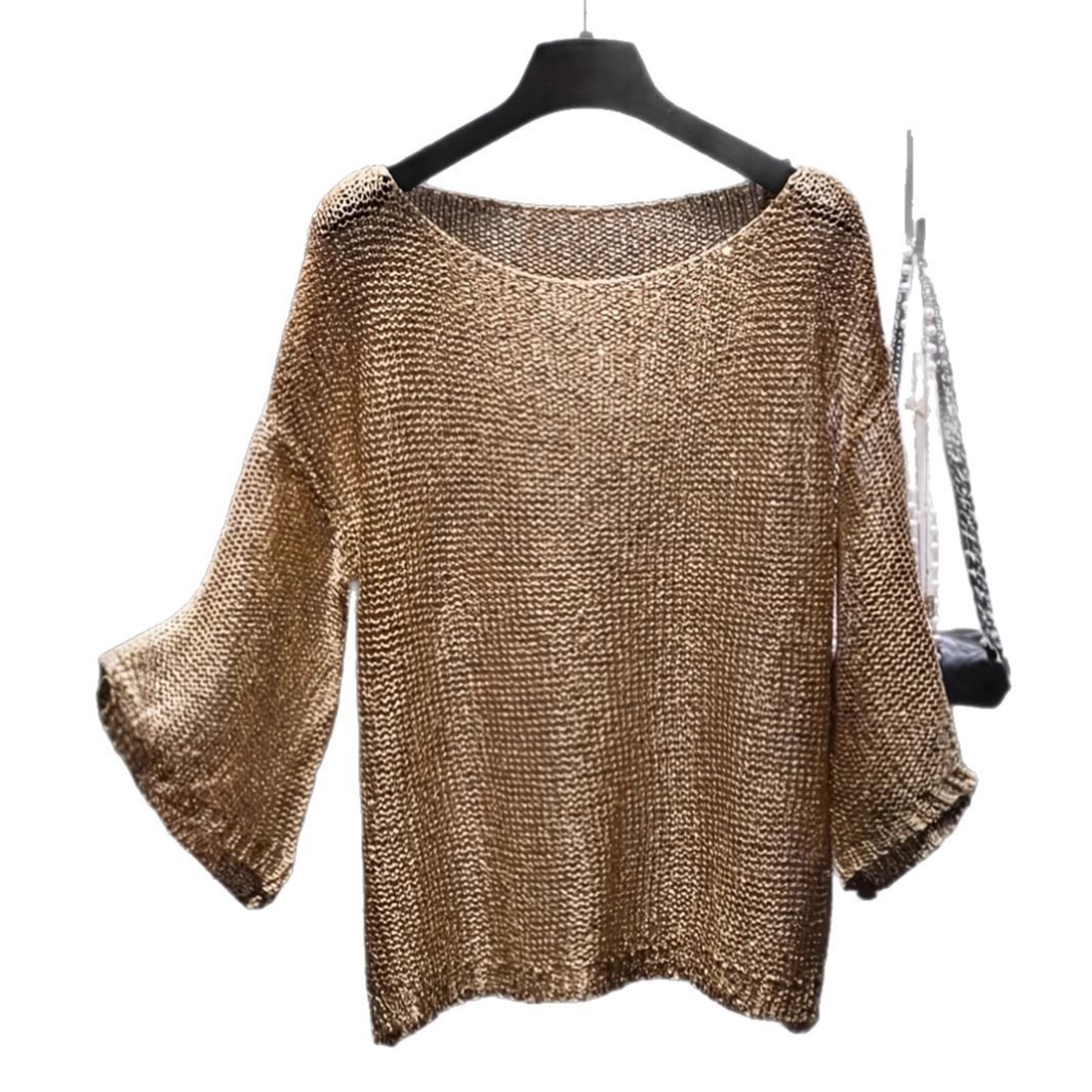 Women's Relaxed Fit Crewneck Knit Top - Loose Pullover, Gold & Rose Red